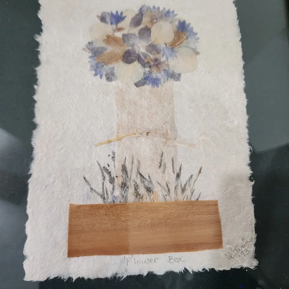 Vintage 1993 Madagascar Pressed Flower Art Handmade Paper Oak Frame Flower Box